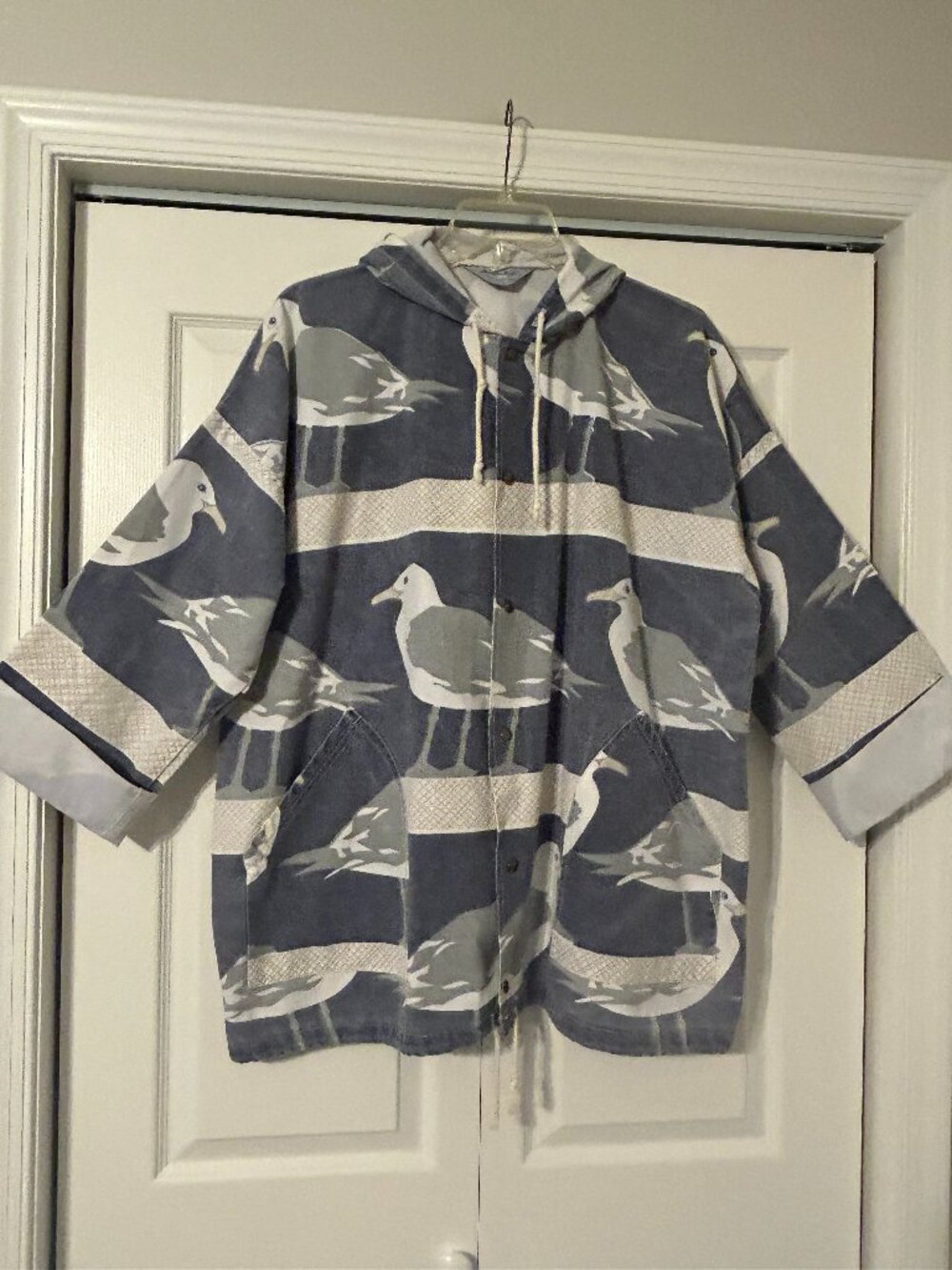 Vintage 80's MICHIGAN RAG CO. Sz L Blue Seagulls Snap Anorak Hooded Jacket